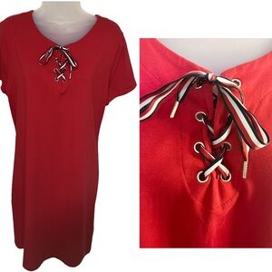 Tommy Hilfiger Dress XL Red White Blue Lace Up Cotton Short Sleeve Women Logo